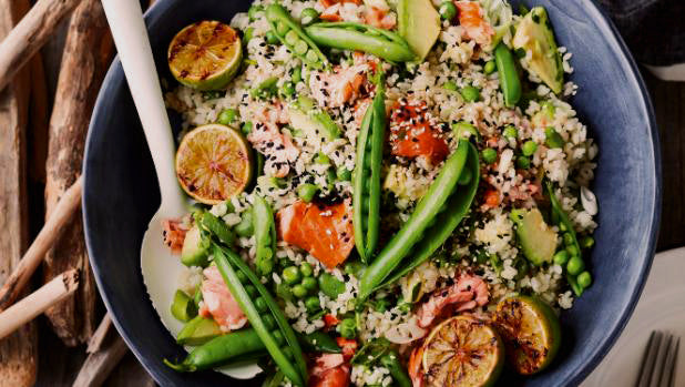 Brown Rice Salad with Salmon, Peas and Avocado